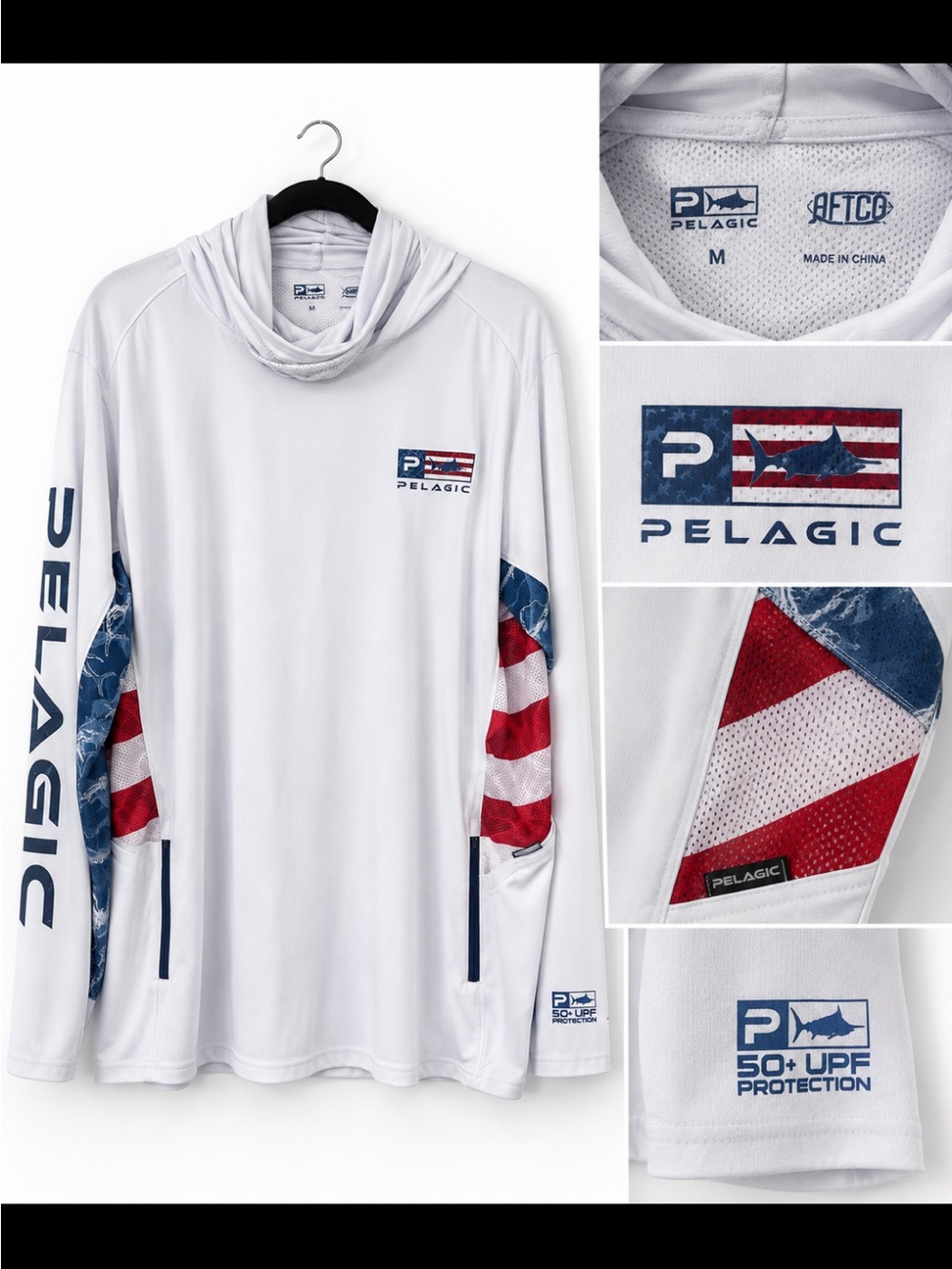 Pelagic Men’s White Long-Sleeve UPF Hooded Swim Shirt with American Flag Accents